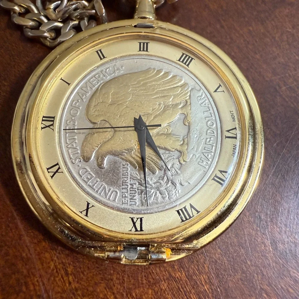 Vintage M.Z. Berger Pocket Watch w/ Chain & Coin Box Kennedy‎ Half Dollar Read